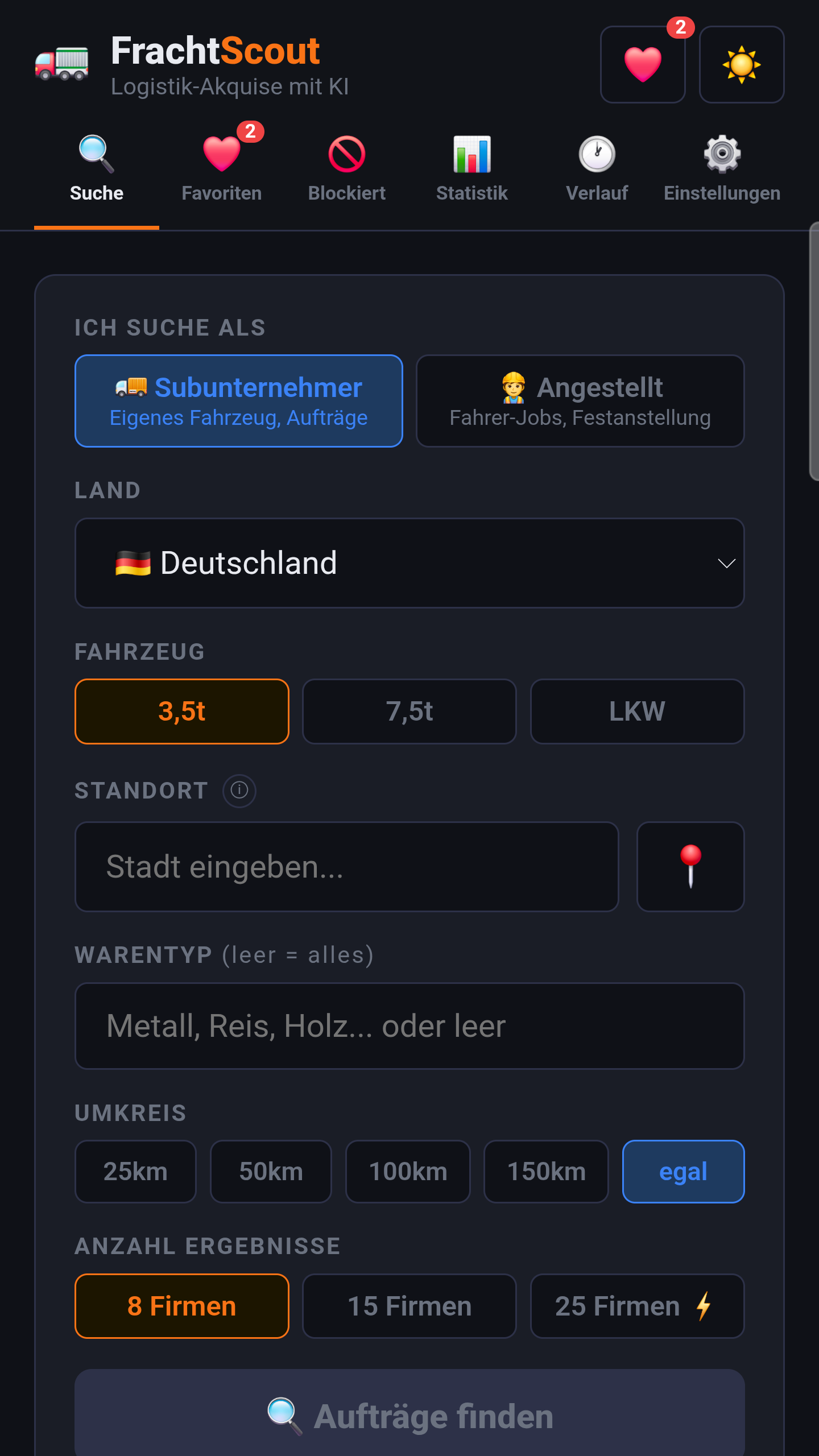 FrachtScout Suchmaske mit Suchraum, Fahrzeug und Ergebnisanzahl