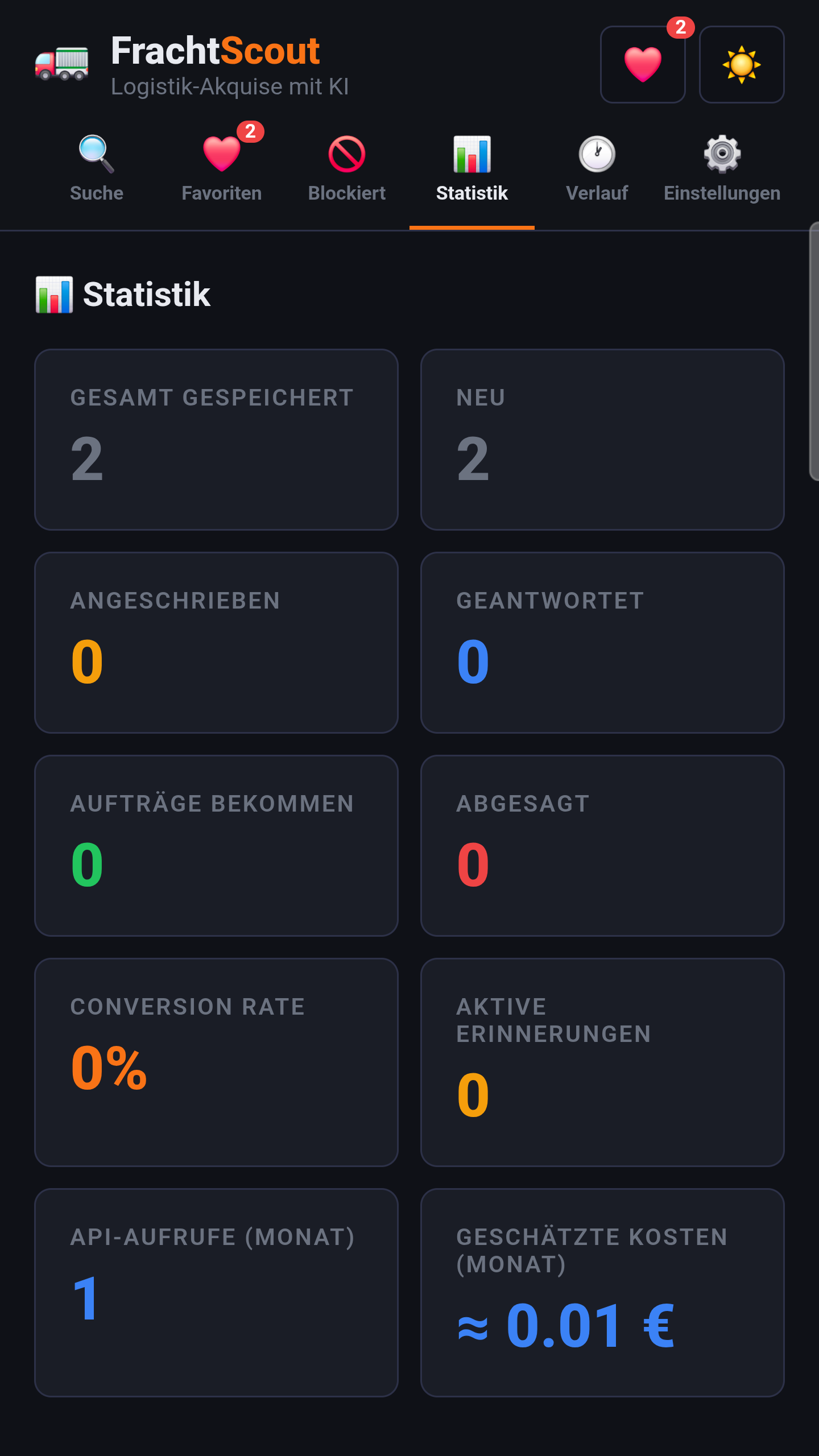FrachtScout Statistik mit gespeicherten Firmen und Akquise-Status